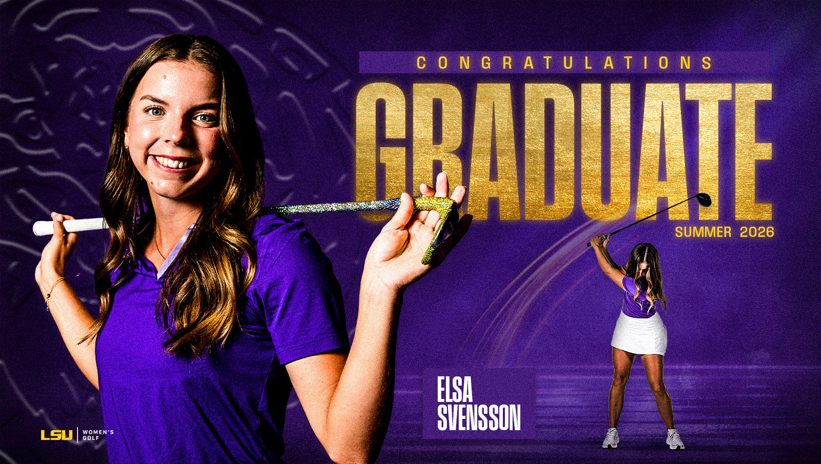 Elsa Svensson holding her master's degree after her LSU golf career