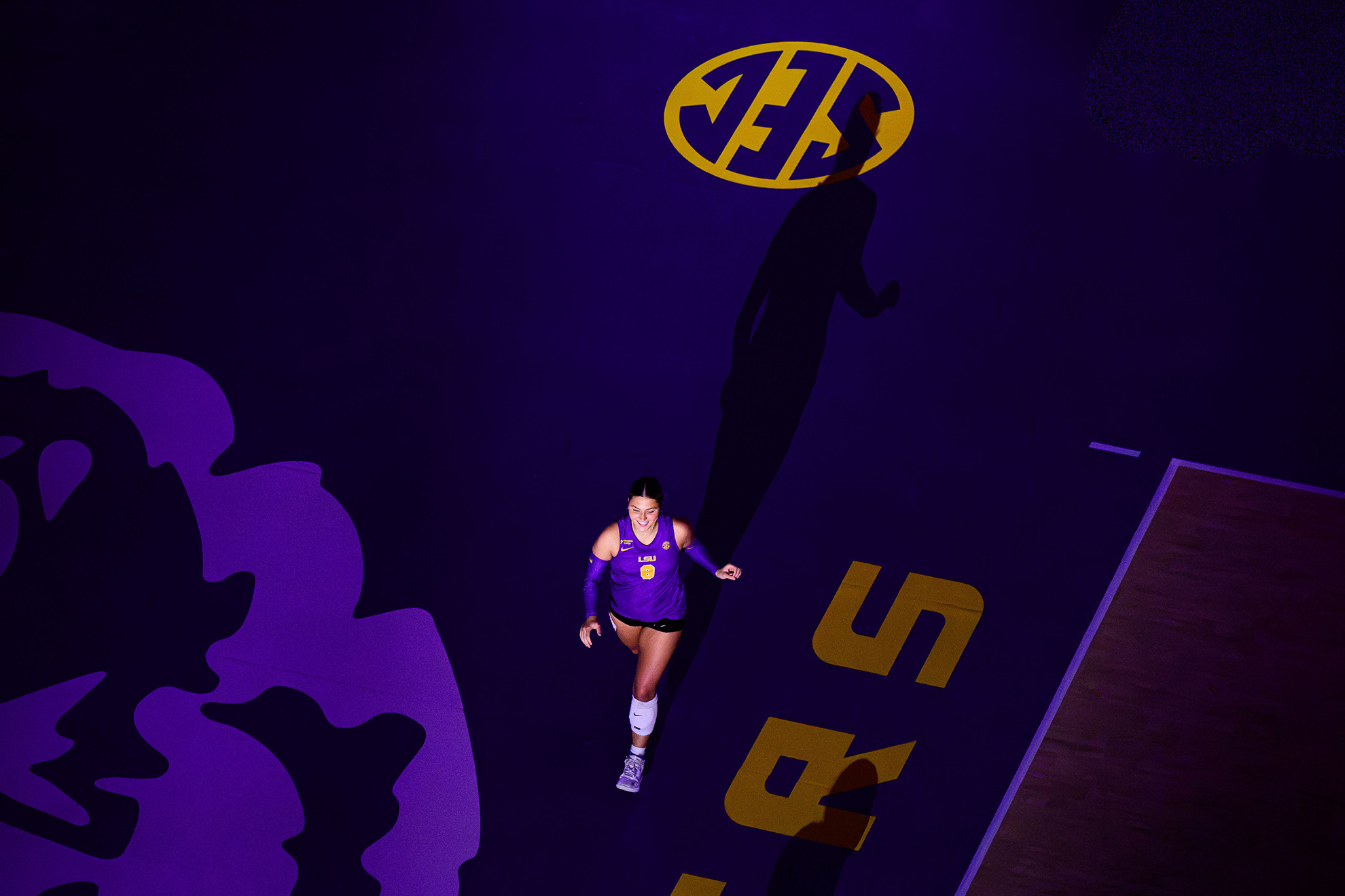 LSU Volleyball team celebrating a major block against Incarnate Word Cardinals
